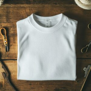 t-shirt, white t-shirt, t-shirt mockup, mockup, clothing, fashion, design, print on demand, merch, print template, t shirt template, casual, folding technique, wooden surface, atelier, craft, textile, material, creativity
