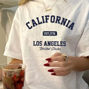 חולצות קז'ואל מכונת כביסה לקיץ אנג'לס לנשים יומיות וינטאג' קליפורניה גרפיקה חולצת טי שירט עגולה